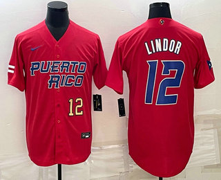 Mens Puerto Rico Baseball #12 Francisco Lindor Number 2023 Red World Baseball Classic Stitched Jersey